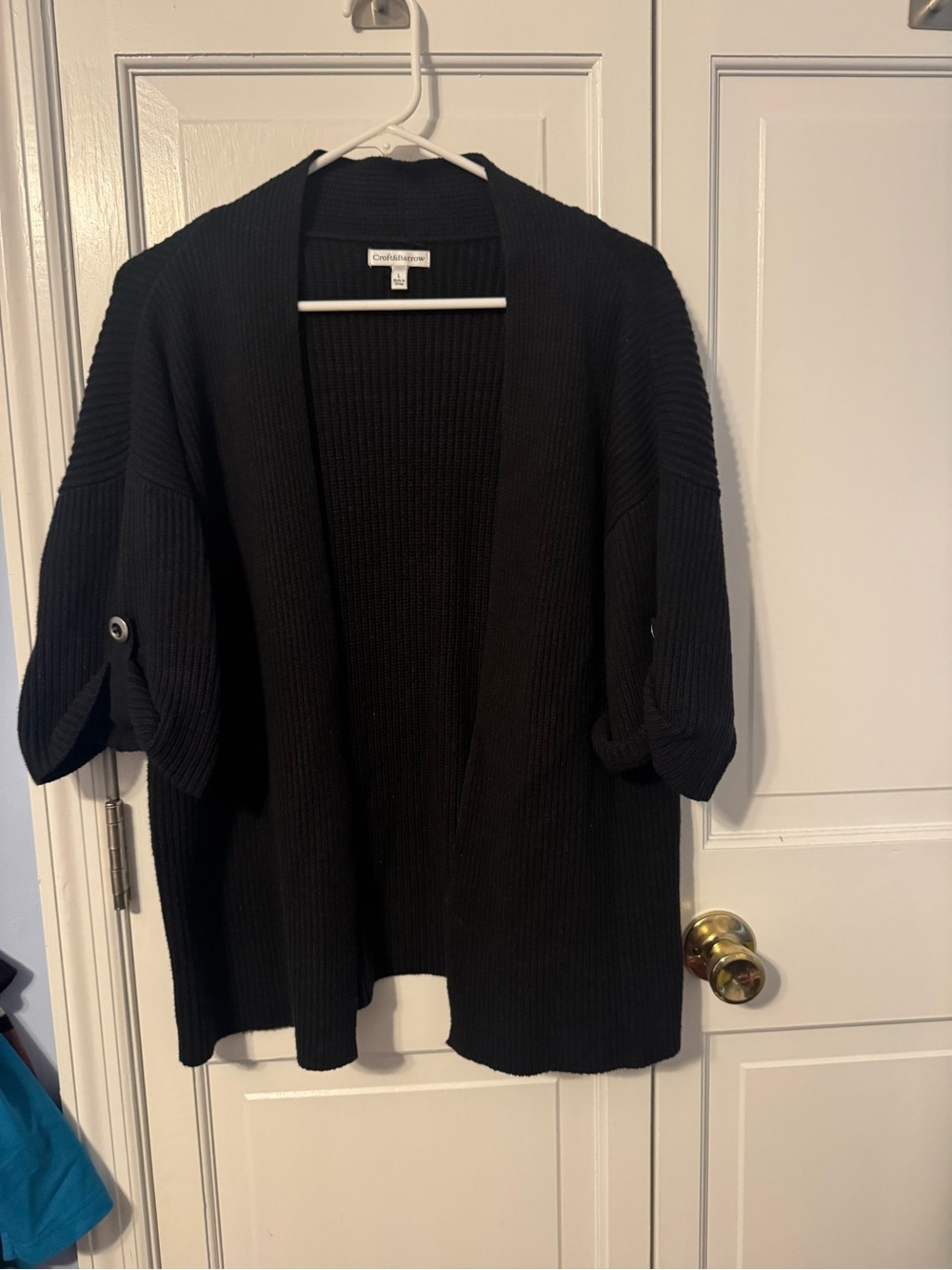 croft & barrow Black Open-Front Ribbed Cardigan with Roll-Tab Sleeves